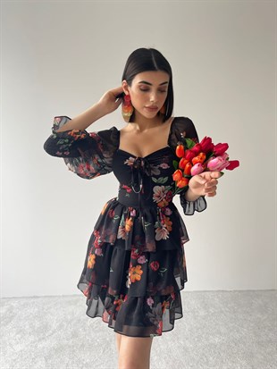 Çiçek Desen İşlemeli Elbise - SİYAH