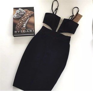 Tül Dekolte Detaylı Kalem Elbise - Siyah